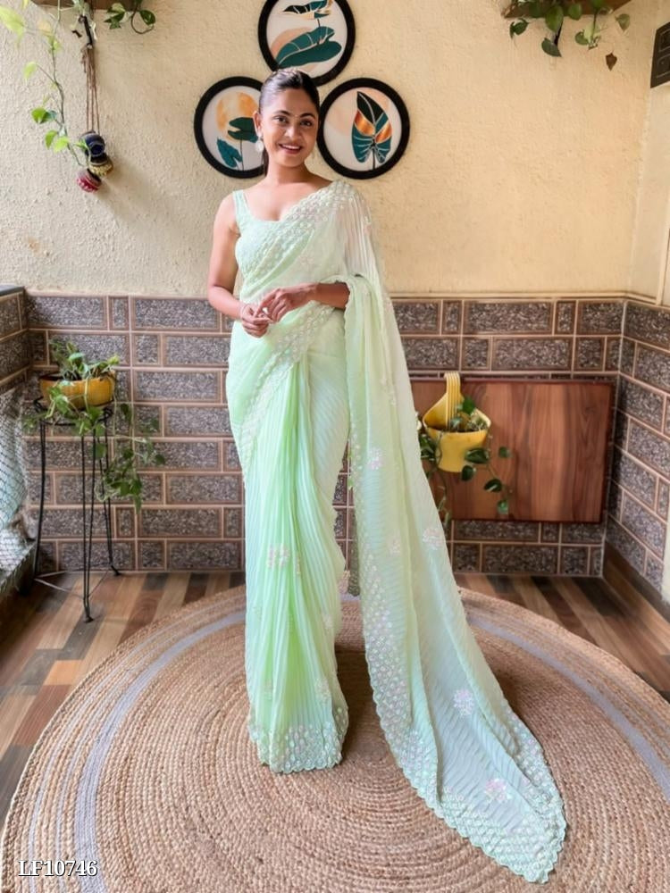 Brige Moss Chiffon Saree with Beautiful Half Half Bandhani Print & Heavy Gota Patti Work Border in Saree