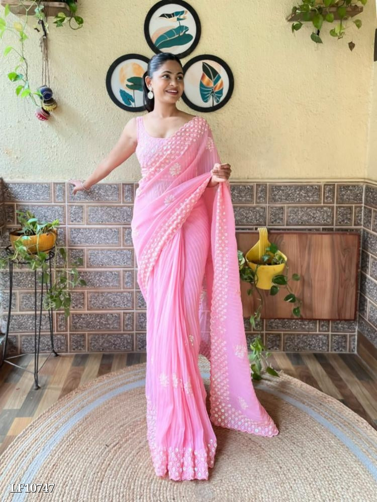 Brige Moss Chiffon Saree with Beautiful Half Half Bandhani Print & Heavy Gota Patti Work Border in Saree