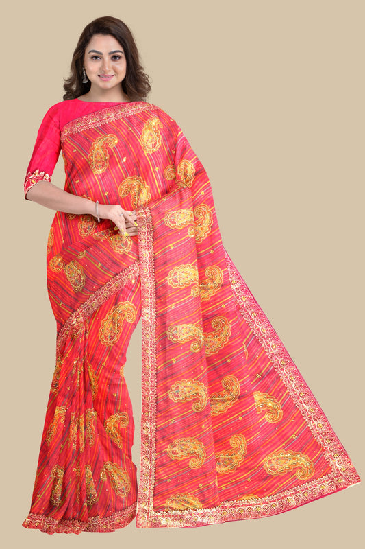 pure Gorgeet Hand brasso print fancy saree with blouse