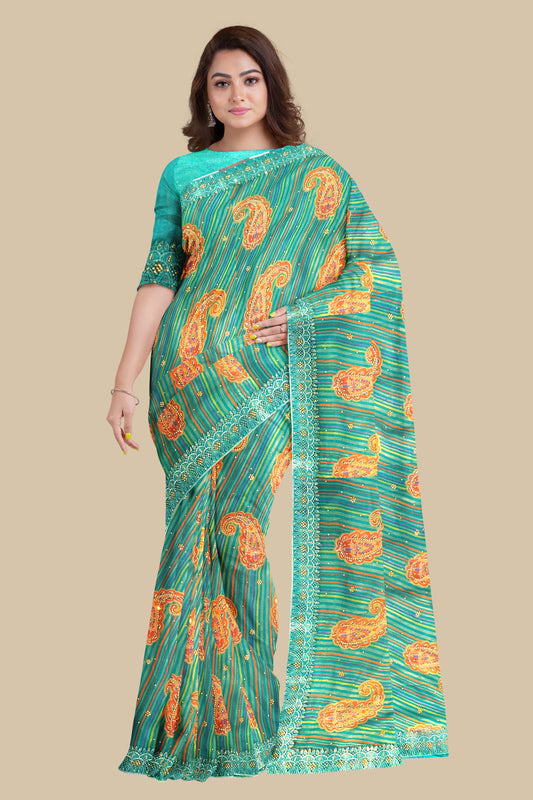pure Gorgeet Hand brasso print fancy saree with blouse