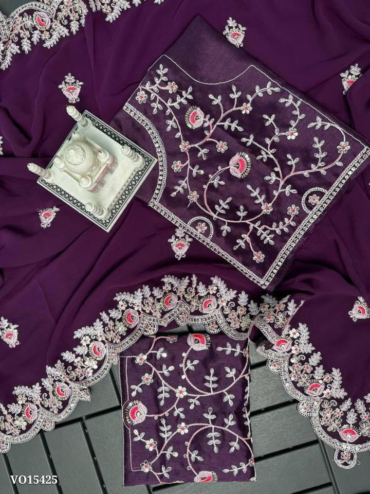 5mm SEQUINS & COTTON THREAD EMBROIDERY WORK WITH CUT WORK BORDER with blouse