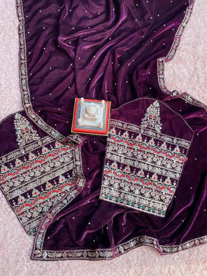 Party Wear Pure 9000 Velvet Embroidery Saree
