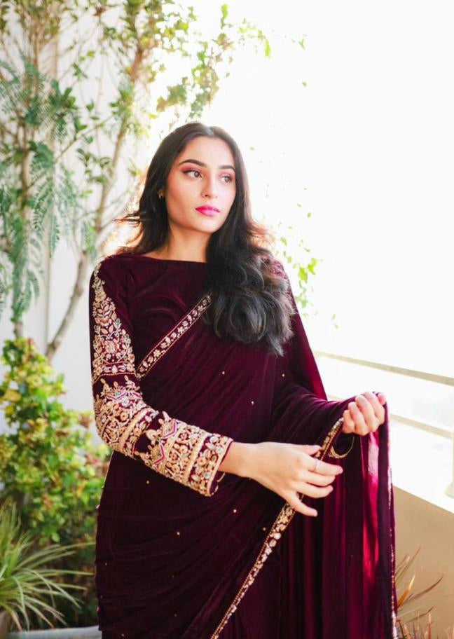 Party Wear Pure 9000 Velvet Embroidery Saree