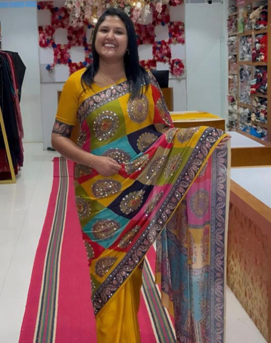 Digital Print And Mirror Work Saree