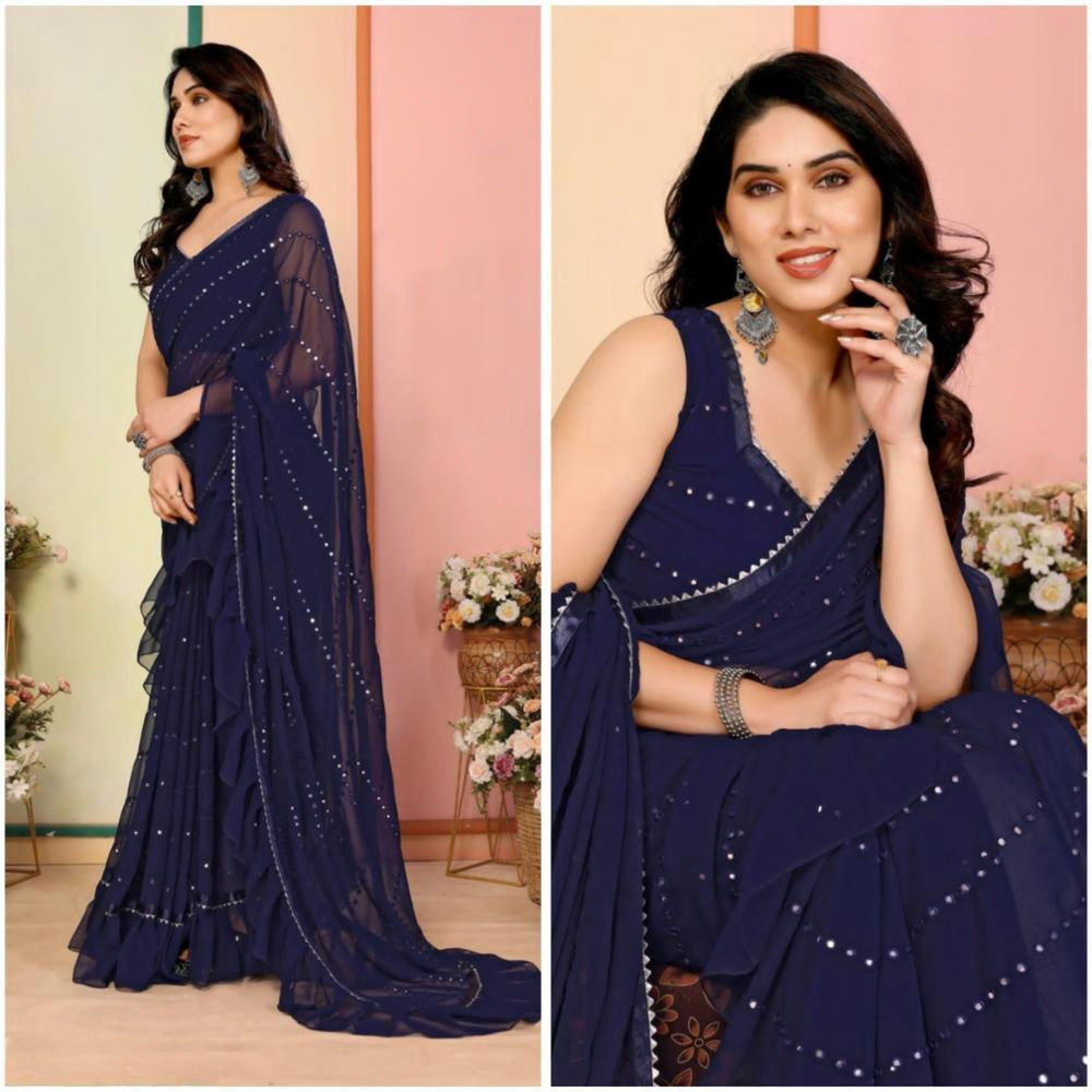 Georgette Silk With Ruffal And Foil Mirror Work*