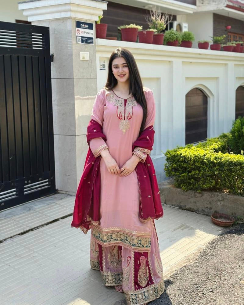 Pure Chinnon Silk hand work suit set full stitch