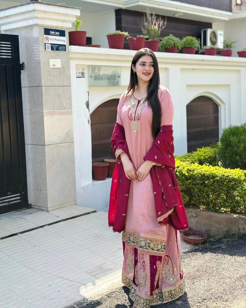 Pure Chinnon Silk hand work suit set full stitch
