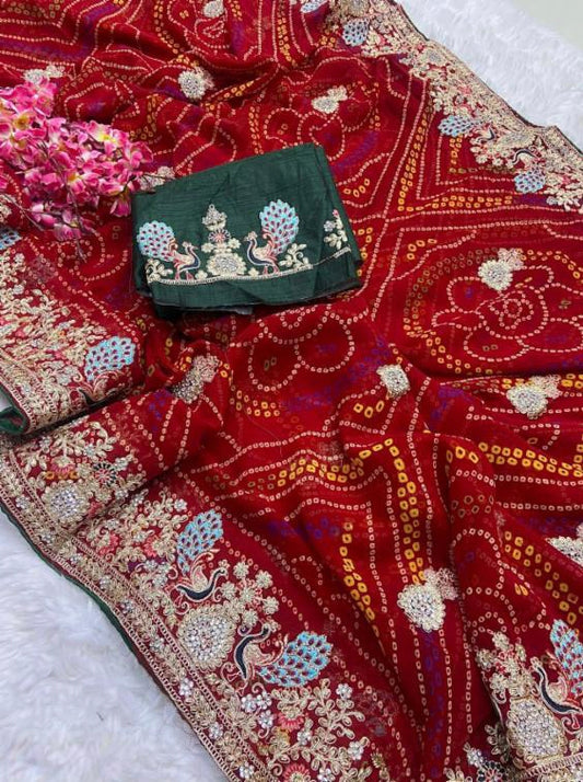 Georgette Pedding Bandhej Embroidery Work Saree