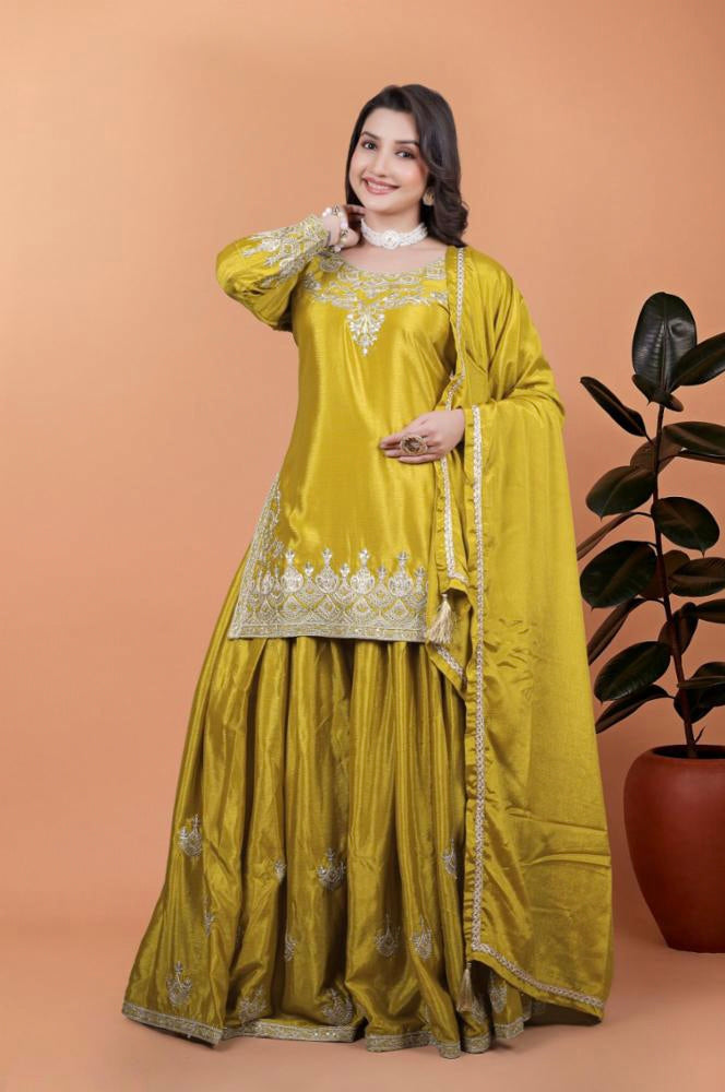 3 PIECE FANCY KURTI WITH FLAIRED PLAZZO AND DUPATTA.