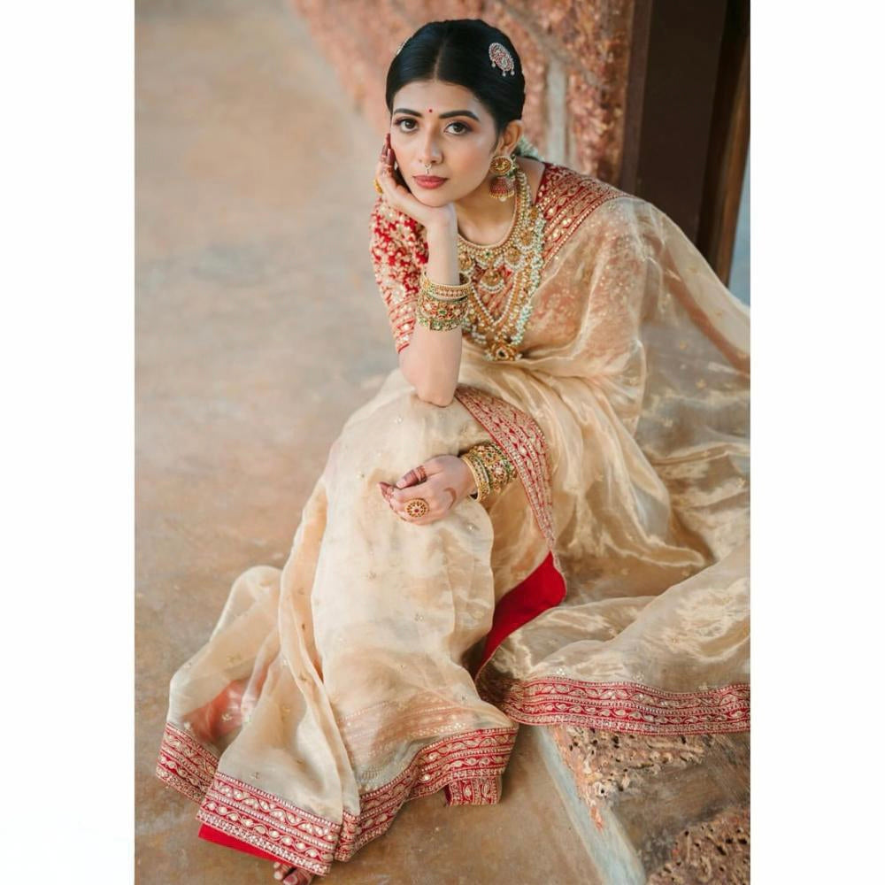 pure Organza saree silk fancy red broder