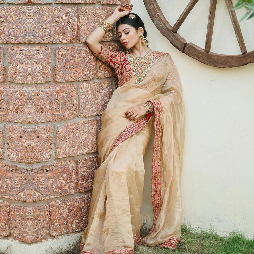 pure Organza saree silk fancy red broder