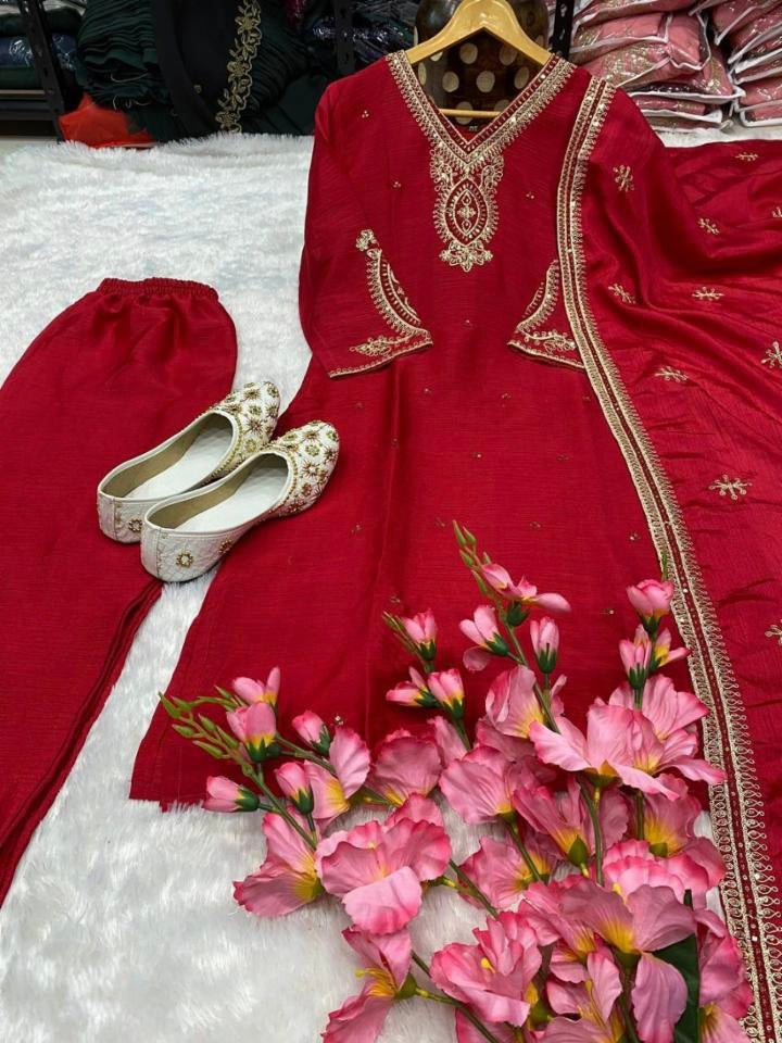 Premium chinon With embroidery coding suit set