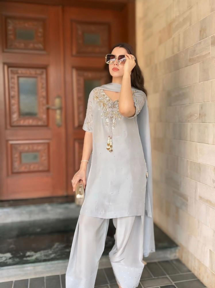 Pur Natural Crepe With Beads Hand Work suit