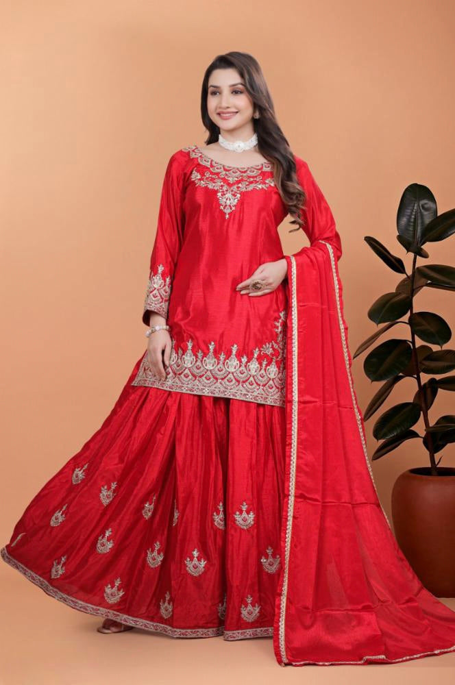 3 PIECE FANCY KURTI WITH FLAIRED PLAZZO AND DUPATTA