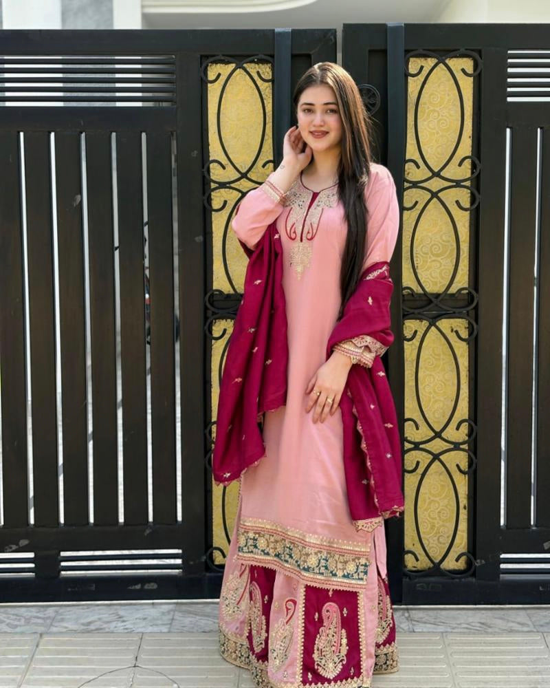 Pure Chinnon Silk hand work suit set full stitch