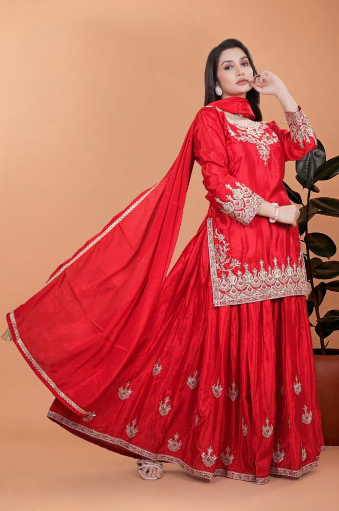 3 PIECE FANCY KURTI WITH FLAIRED PLAZZO AND DUPATTA