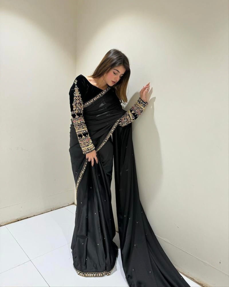 Party Wear Pure 9000 Velvet Embroidery Saree