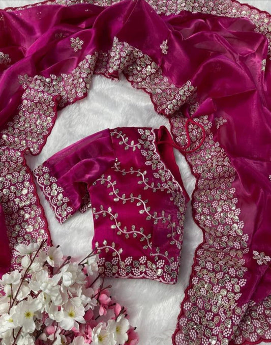 Pure Zimmy Choo Satin Saree with blouse stitch