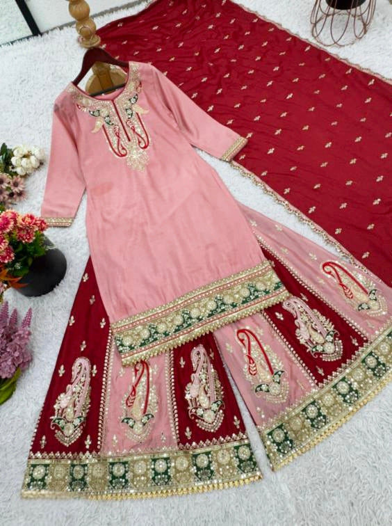 Pure Chinnon Silk hand work suit set full stitch