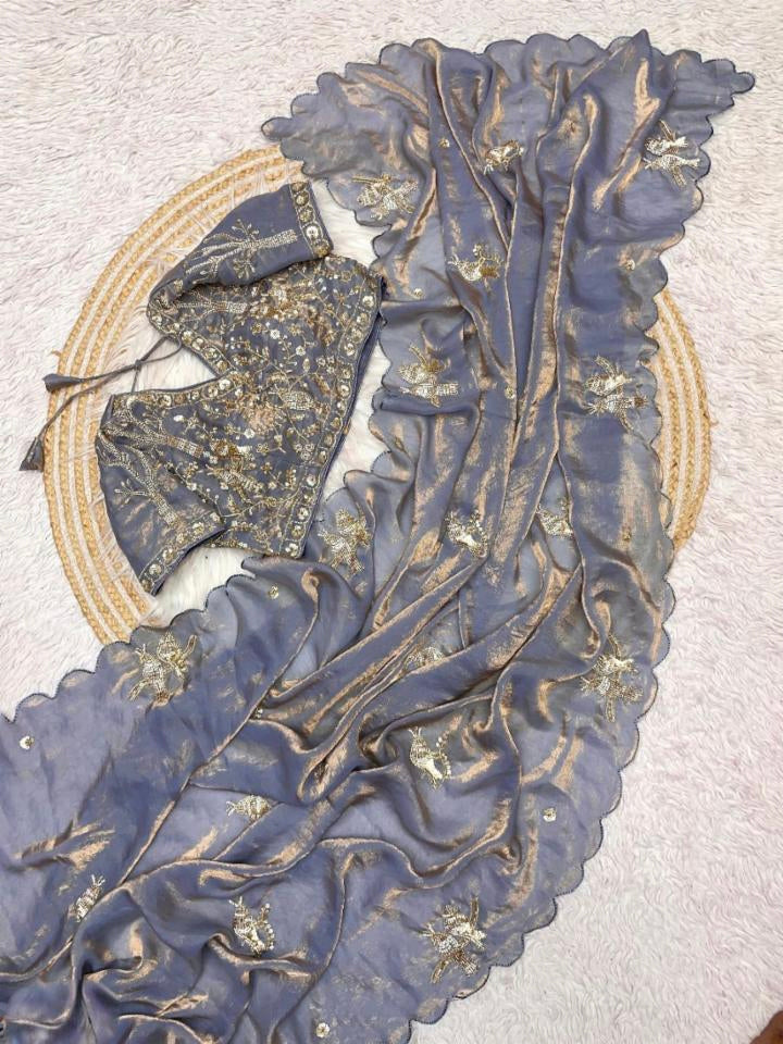 PURE SOFT FANDY SATTIN SILK HAND WORK SAREE