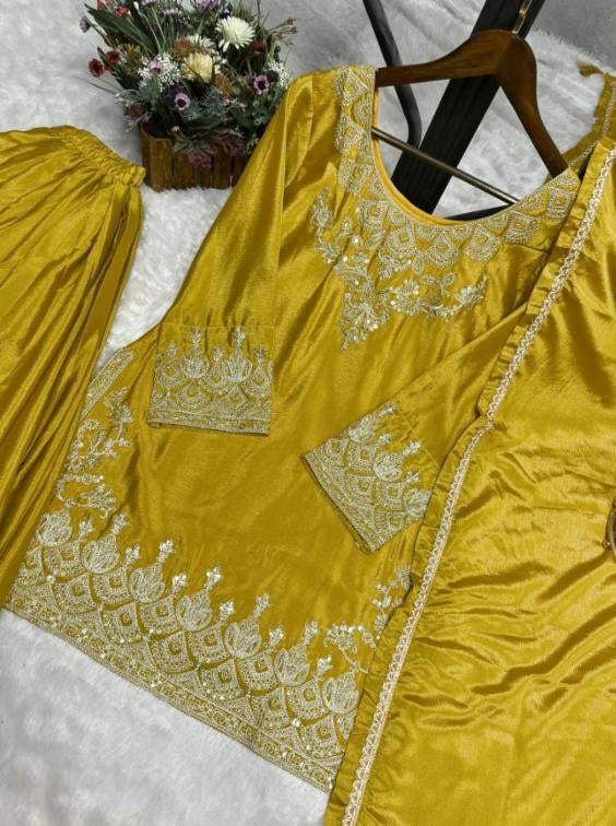 3 PIECE FANCY KURTI WITH FLAIRED PLAZZO AND DUPATTA.
