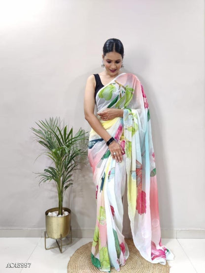 BLOOMING GEORGETTE FABRIC
 SEQUENCE WORK ON ALL OVER SAREE , BEAUTIFUL PRINT ON SAREE WITH CUT WORK BORDER