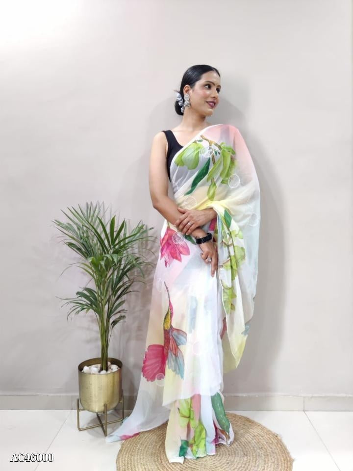 BLOOMING GEORGETTE FABRIC
 SEQUENCE WORK ON ALL OVER SAREE , BEAUTIFUL PRINT ON SAREE WITH CUT WORK BORDER