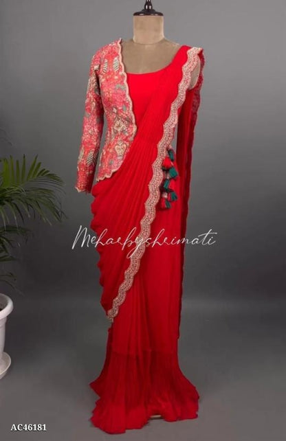 Pure gorgeet saree with (fancy jacket full stitching)( with blouse full stitching )