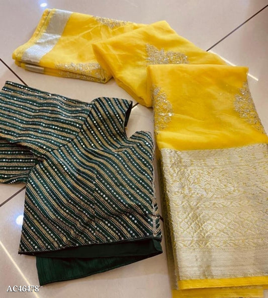 Saree:  Kanchipuram Orgenza jacquard Multi Squence Full Worked Saree With Raw Silk Squence Work Blouse