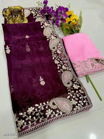 Pure Jimmychoo Saree in 5 color with Beautiful C~Pallu Embroidery & Gota Work with Butti Work in all over the saree