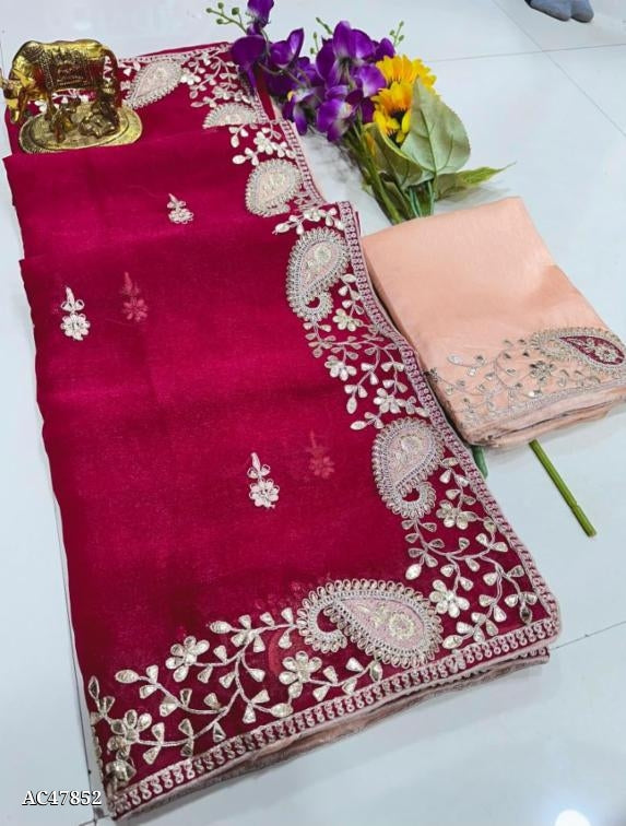 Pure Jimmychoo Saree in 5 color with Beautiful C~Pallu Embroidery & Gota Work with Butti Work in all over the saree