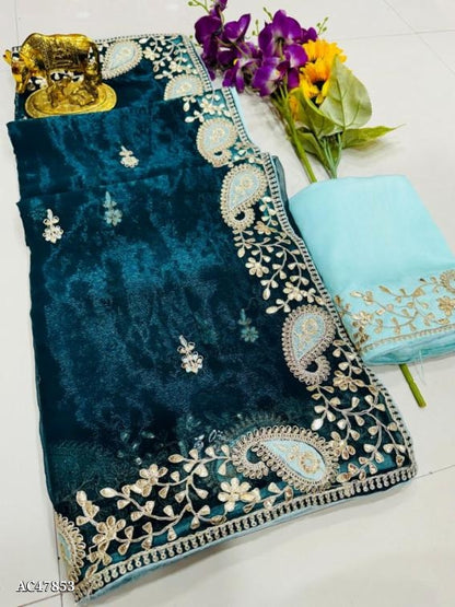 Pure Jimmychoo Saree in 5 color with Beautiful C~Pallu Embroidery & Gota Work with Butti Work in all over the saree