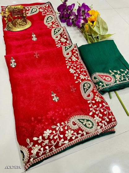 Pure Jimmychoo Saree in 5 color with Beautiful C~Pallu Embroidery & Gota Work with Butti Work in all over the saree