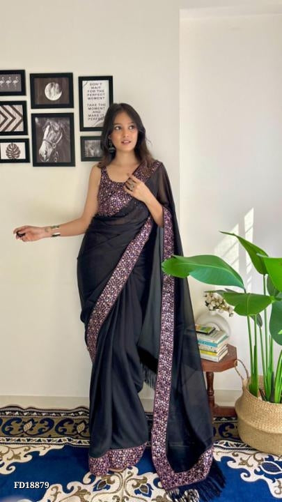 Soft Black Rangoli Silk* Fabric With Designer *4 - Different Sequence* Work Along With *Designer Zalar* & Full Heavy Work Blouse