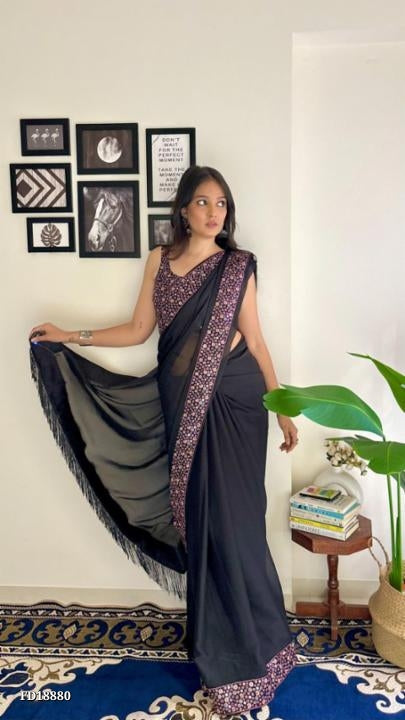 Soft Black Rangoli Silk* Fabric With Designer *4 - Different Sequence* Work Along With *Designer Zalar* & Full Heavy Work Blouse