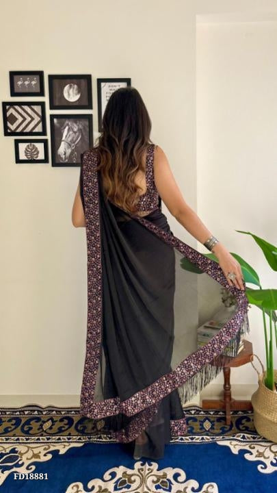 Soft Black Rangoli Silk* Fabric With Designer *4 - Different Sequence* Work Along With *Designer Zalar* & Full Heavy Work Blouse