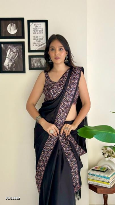 Soft Black Rangoli Silk* Fabric With Designer *4 - Different Sequence* Work Along With *Designer Zalar* & Full Heavy Work Blouse