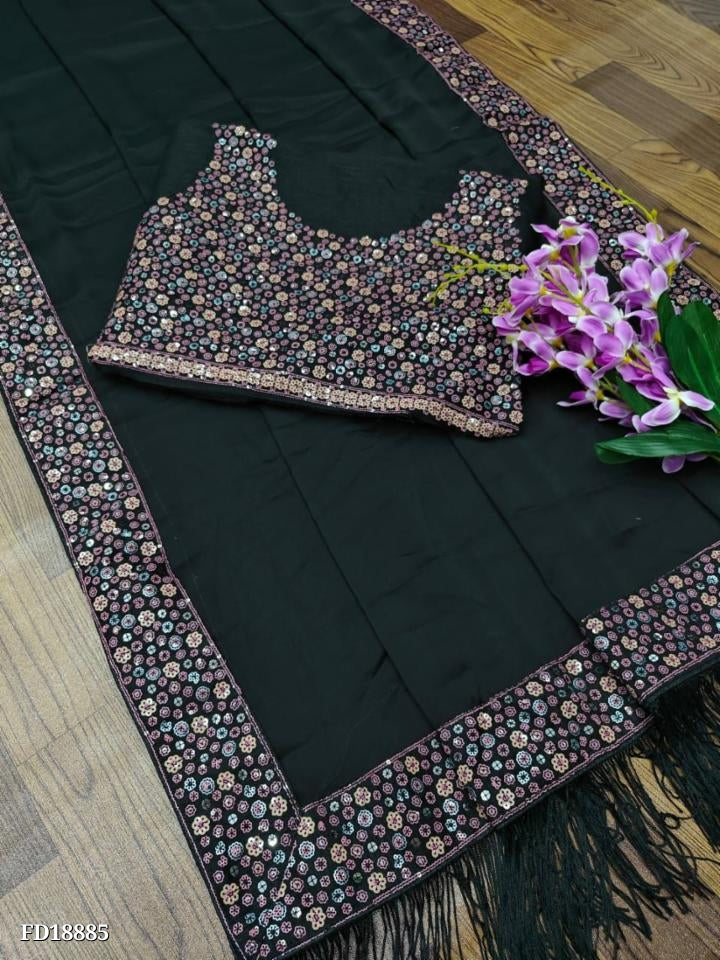 Soft Black Rangoli Silk* Fabric With Designer *4 - Different Sequence* Work Along With *Designer Zalar* & Full Heavy Work Blouse