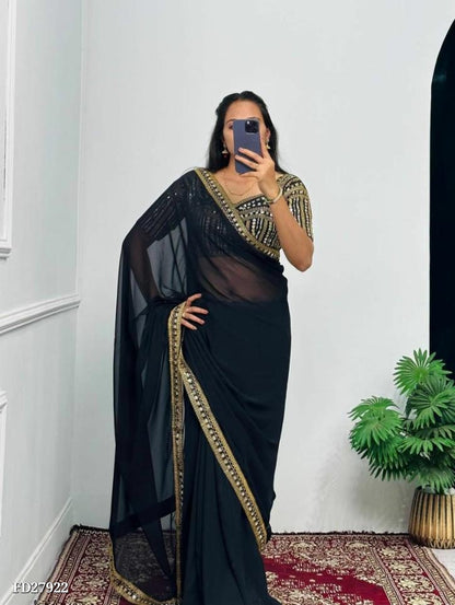 Pure black saree fancy hand embroidery work