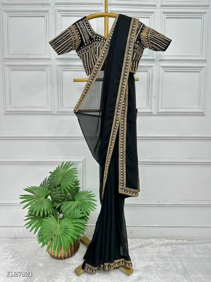 Pure black saree fancy hand embroidery work