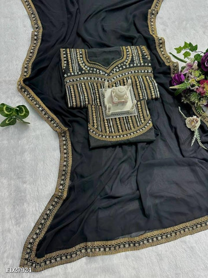 Pure black saree fancy hand embroidery work