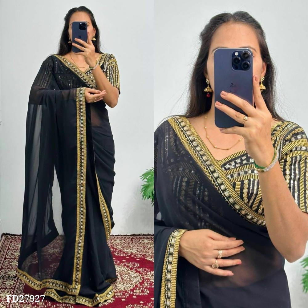 Pure black saree fancy hand embroidery work