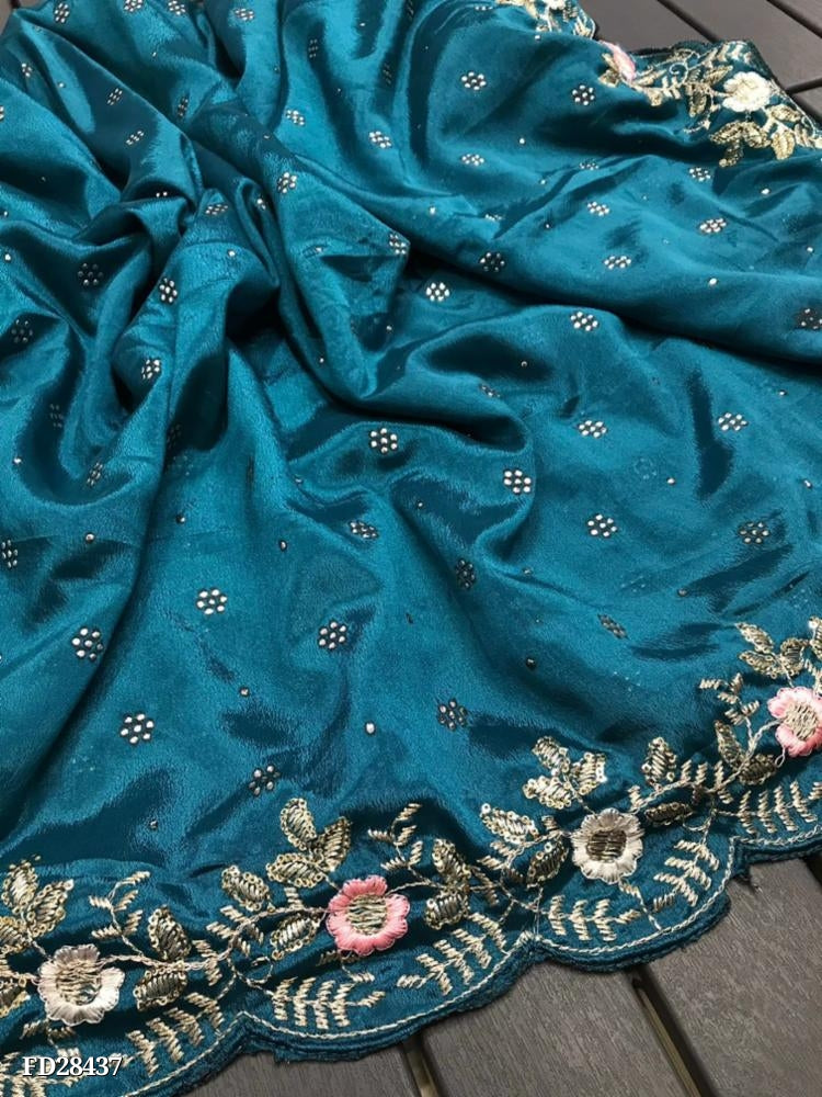 Soft Chinnon Silk* Fabric Along With Designer *Mukaish & C - Pallu Sequence & Threads Work In Saree*