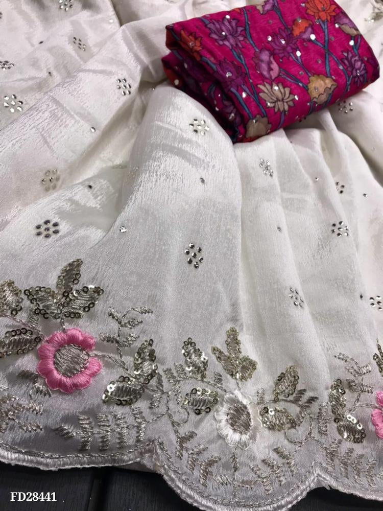 Soft Chinnon Silk* Fabric Along With Designer *Mukaish & C - Pallu Sequence & Threads Work In Saree*