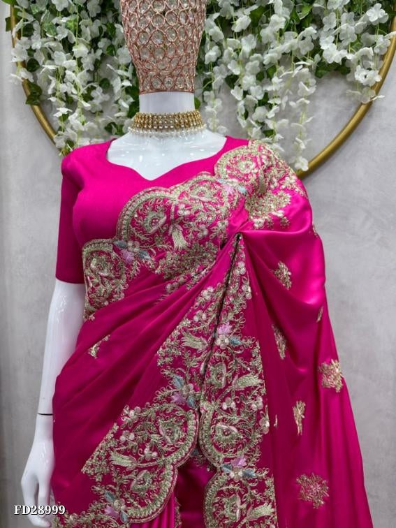 pure Japan satin fancy hand embroidery work saree