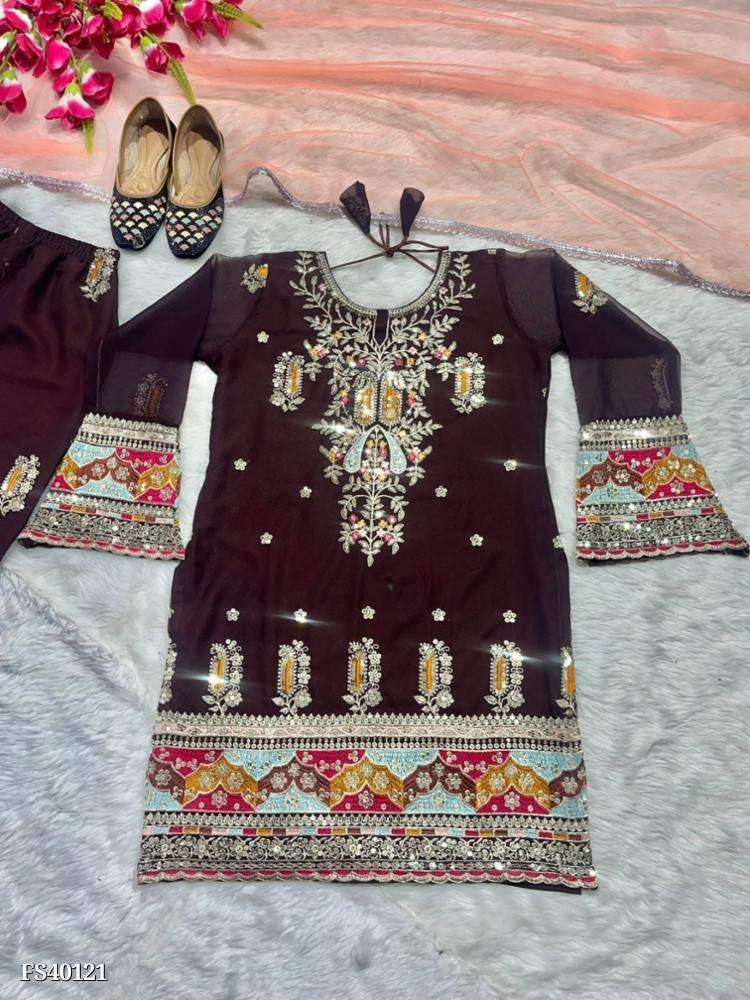 Suit, Heavy Faux Georgette With 5mm Sequence Multi Embroidery Work. with ( Fully Sleeves )