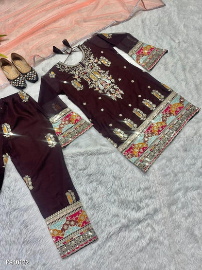 Suit, Heavy Faux Georgette With 5mm Sequence Multi Embroidery Work. with ( Fully Sleeves )