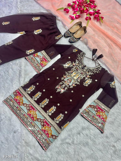 Suit, Heavy Faux Georgette With 5mm Sequence Multi Embroidery Work. with ( Fully Sleeves )