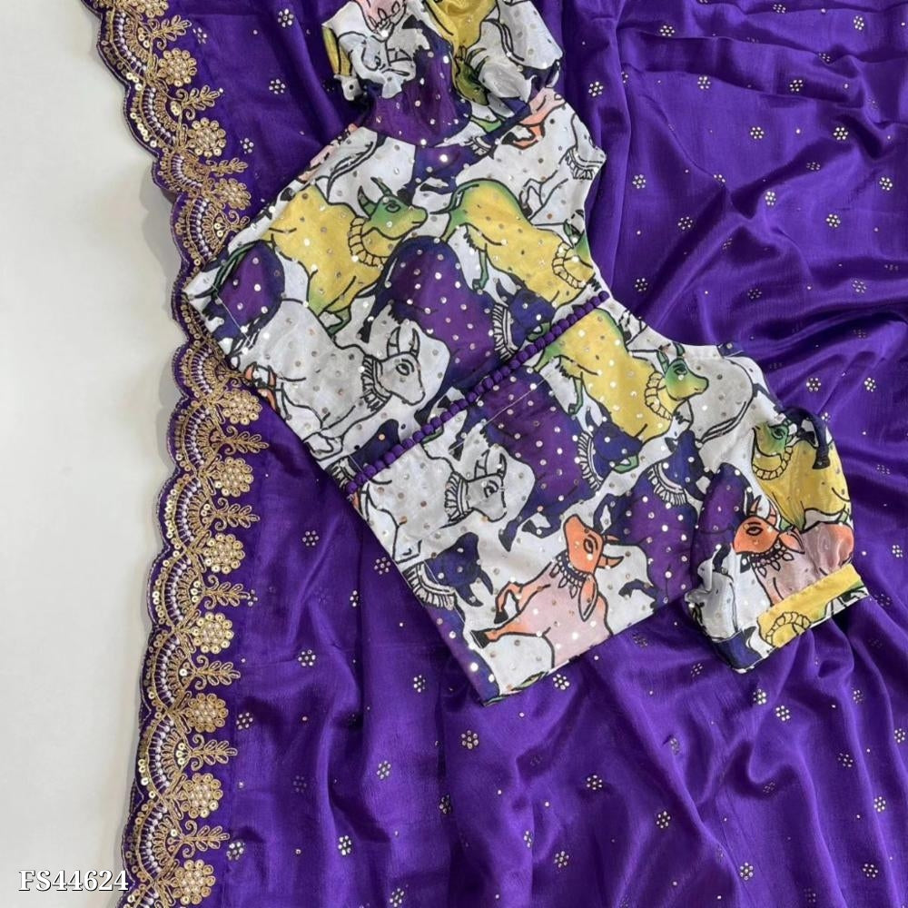 Fabric Along With esigner Floral Bandhani Print *C - Pallu Sequence & Coding & Thread & Zari Work In Saree