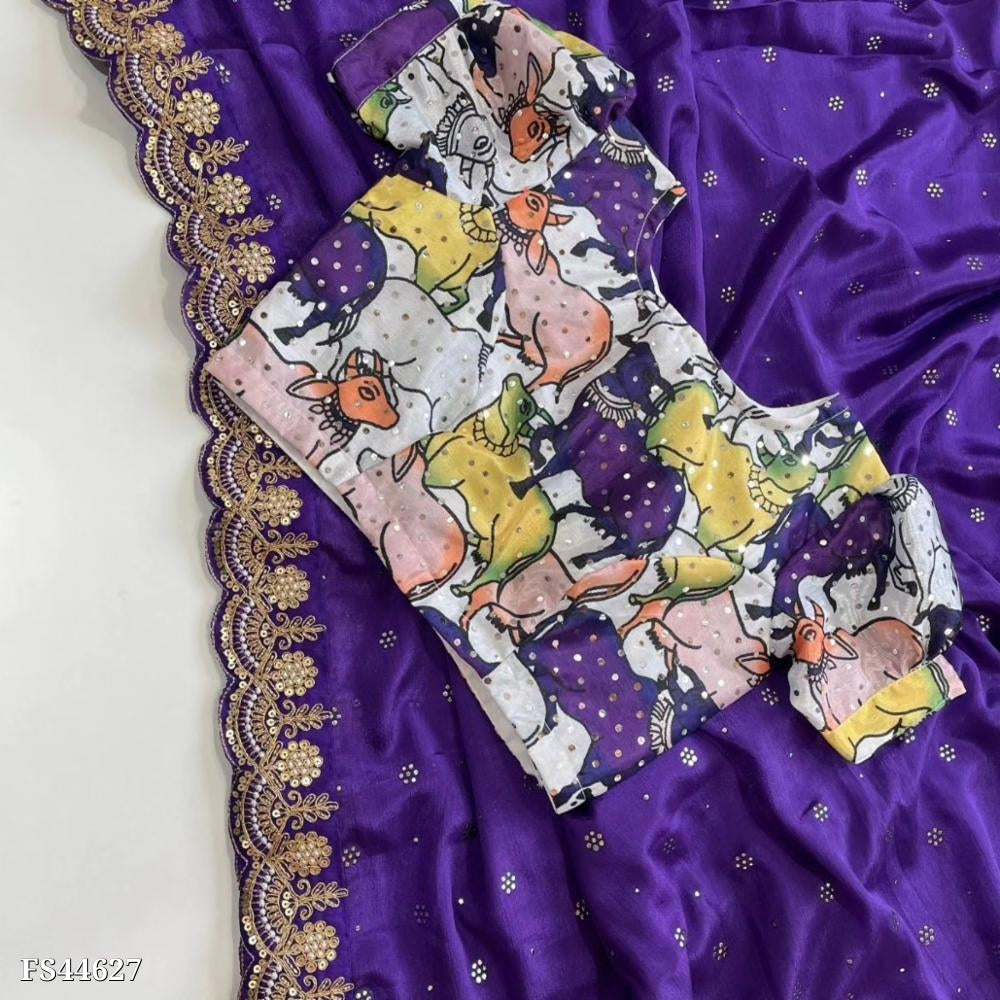 Fabric Along With esigner Floral Bandhani Print *C - Pallu Sequence & Coding & Thread & Zari Work In Saree